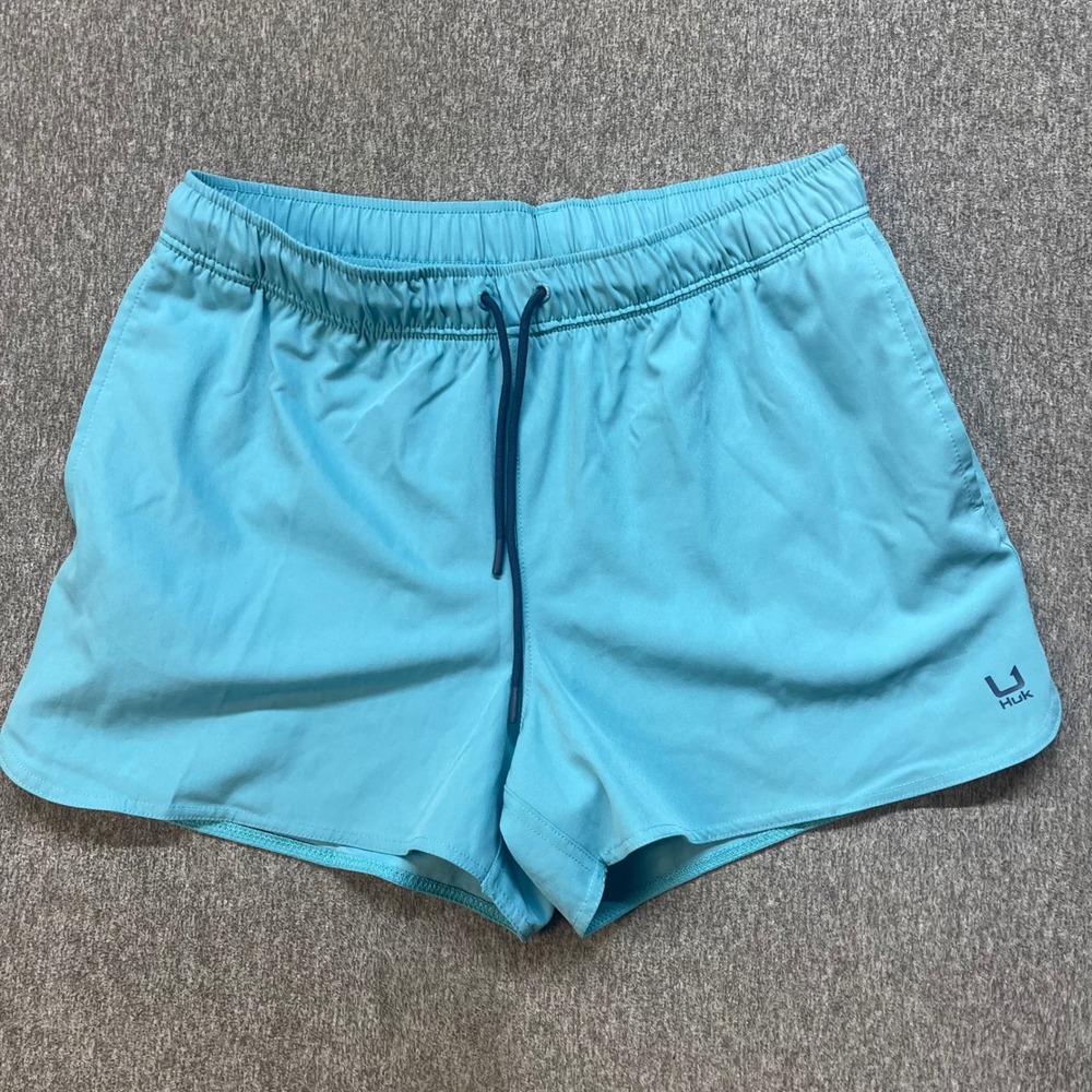 Huk Womens Performance Fishing Shorts Blue Elastic Waist Drawstring Size Large